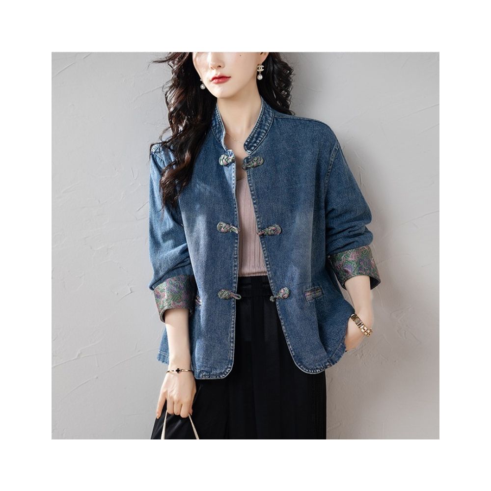 September Momo New Chinese style Cowboy Coat for Women s Spring and Autumn 2025 New Chinese Style Retro Button Embroidered Top for Women image 10