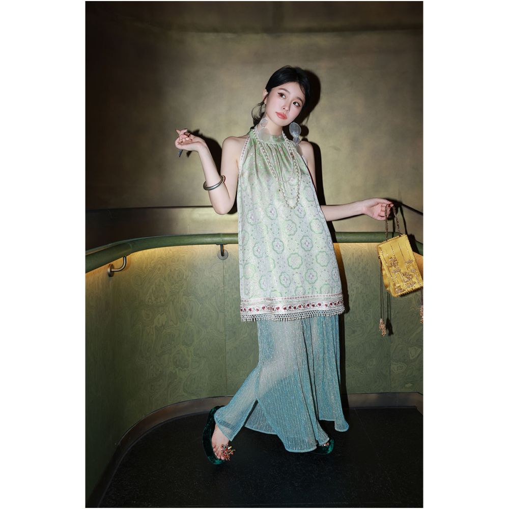 Dangdang Gilded Blue Melody Dream New Chinese Style Set Embroidered Cloud Shoulder Hanging Neck Top Bright Silk Folded Half Skirt image 36