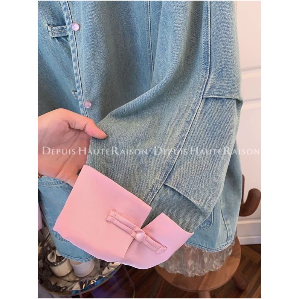 300 pounds extra large spring American retro outerwear men s and women s new Chinese style buckle chic fake two piece denim jacket image 4