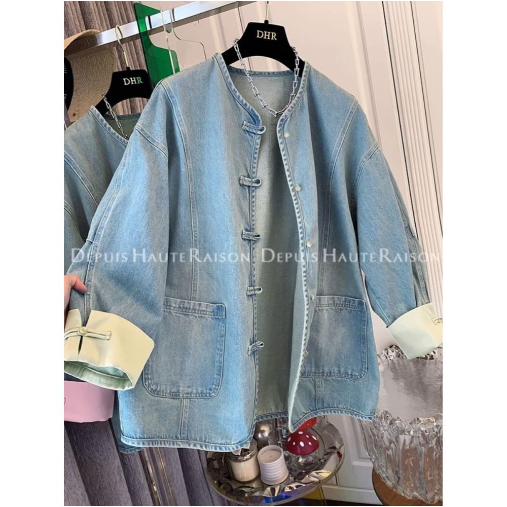 300 pounds extra large spring American retro outerwear men s and women s new Chinese style buckle chic fake two piece denim jacket image 0