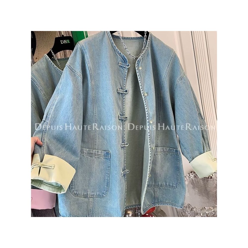 300 pounds extra large spring American retro outerwear men s and women s new Chinese style buckle chic fake two piece denim jacket image 6