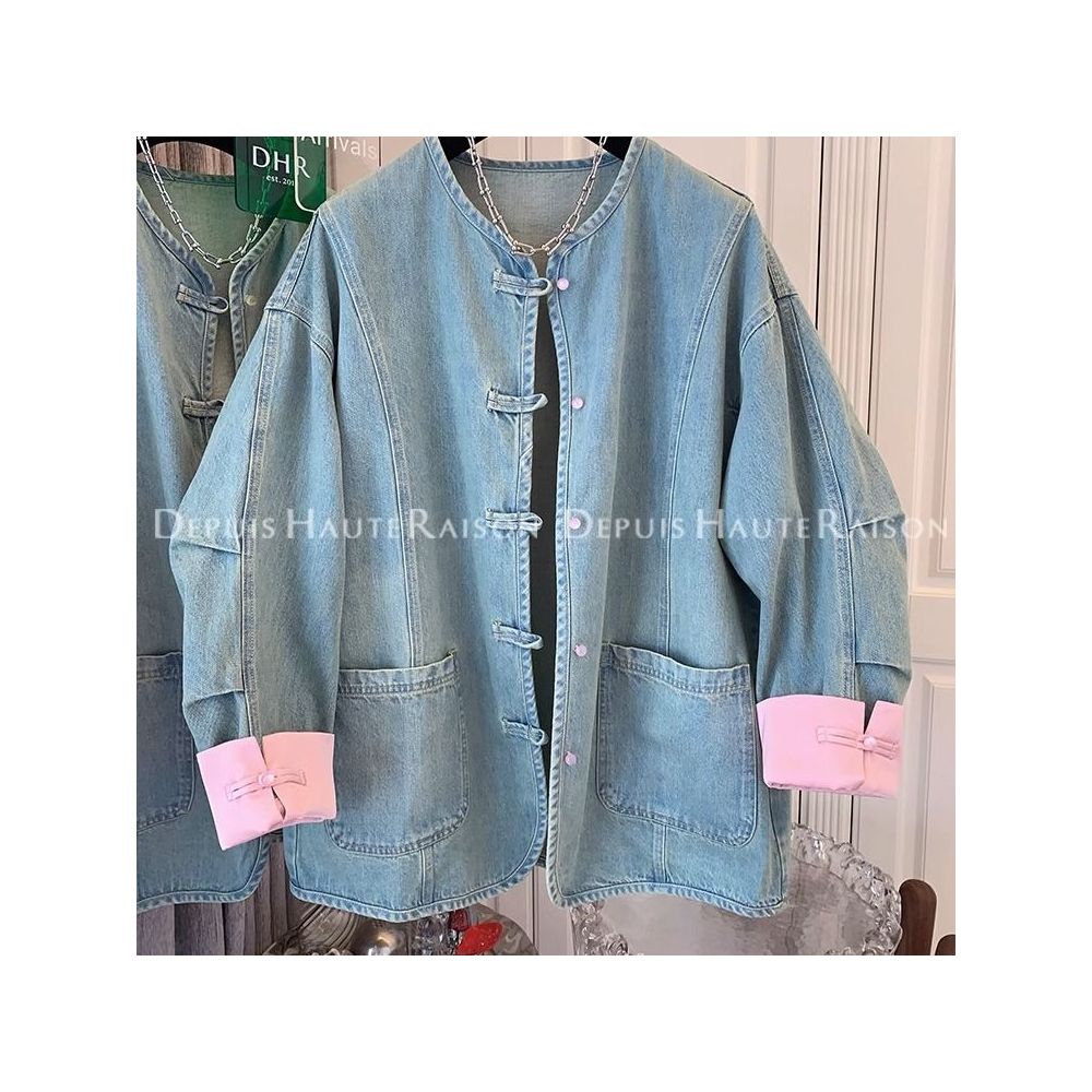 300 pounds extra large spring American retro outerwear men s and women s new Chinese style buckle chic fake two piece denim jacket image 17