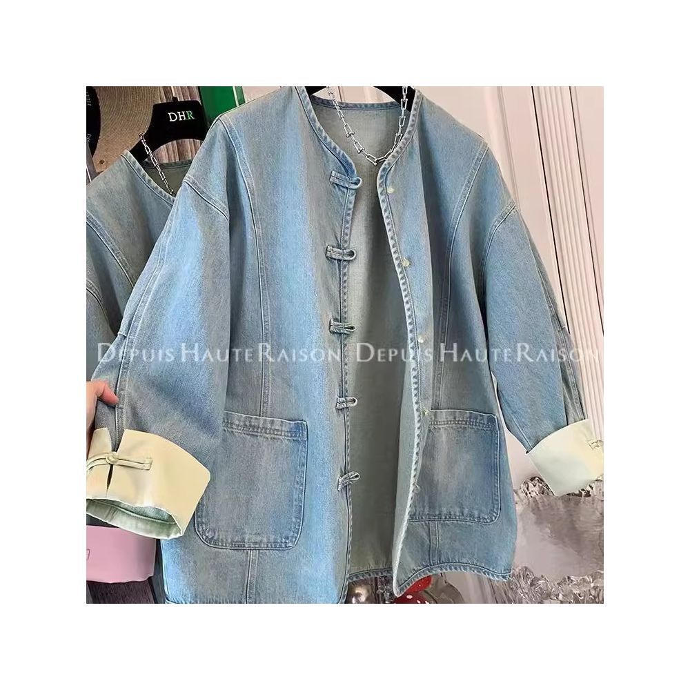 300 pounds extra large spring American retro outerwear men s and women s new Chinese style buckle chic fake two piece denim jacket image 32