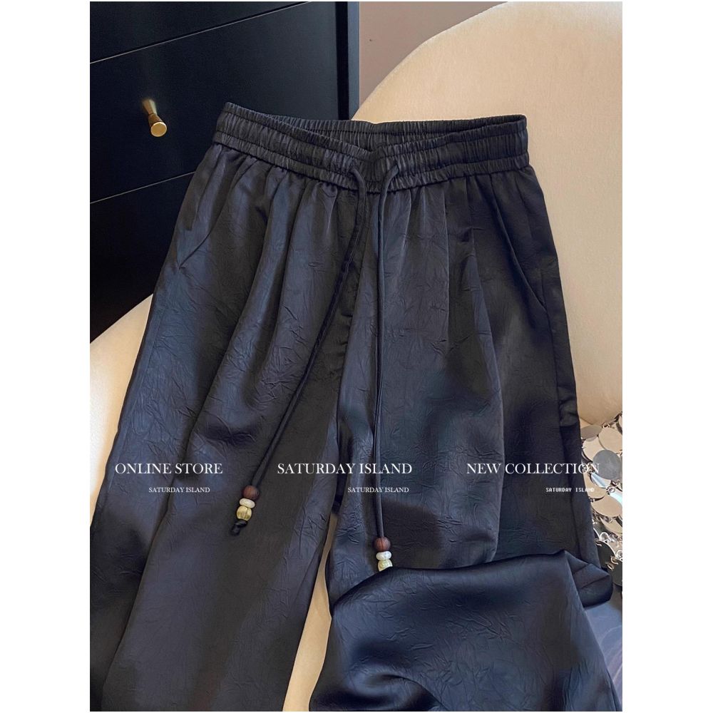 Plus size 300 pounds Japanese retro patchwork black fungus border pattern drawstring wide leg pants for men and women acetate satin pants image 2