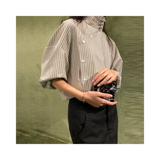AsayaDesign 1052 - New Chinese style design commuting buckle half high collar diagonal collar striped shirt with cuffs and tie up shirt top for spring and summer new styles