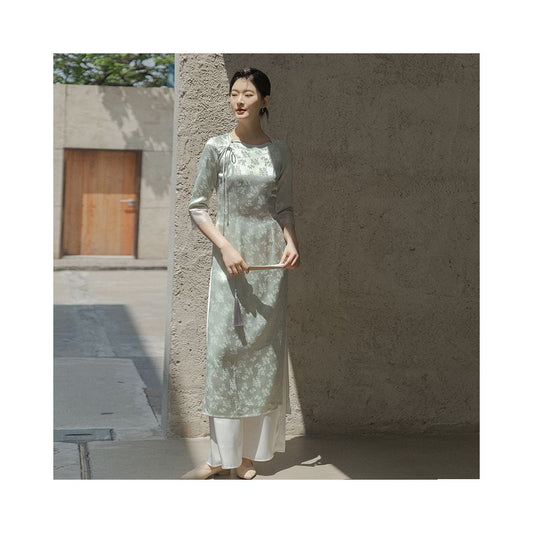 Asaya1034 - Shan colored early spring new women s clothing Chinese style retro green round neck high end acetate satin jacquard Aude top