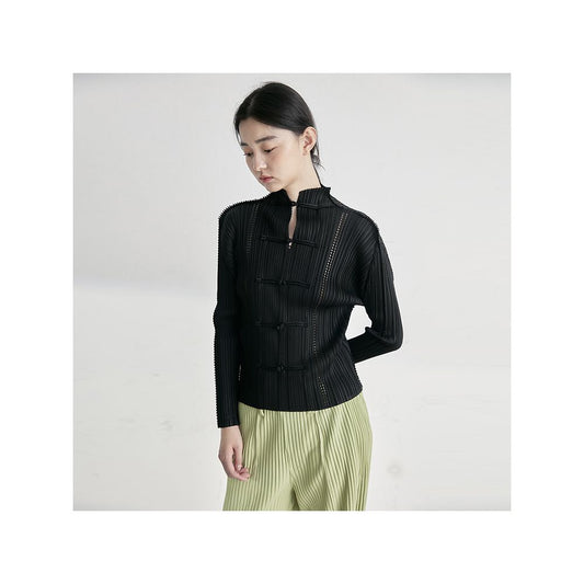 Asaya1019 - Whitecube early spring long sleeved shirt laser engraved three house style pleated new Chinese style button down shirt top for women