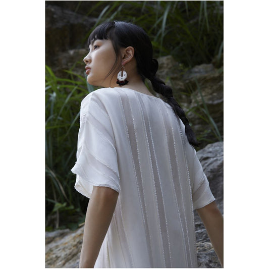 Asaya940 - PaleBlueDot Blue Dot Original Designer White Striped Hollow Oblique Front Improved Cheongsam Dress