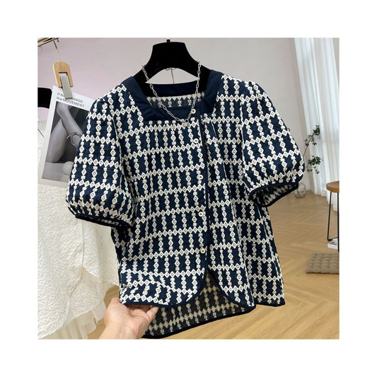 Asaya900 - DHR French embroidered flower split puff sleeves short sleeves shirt
