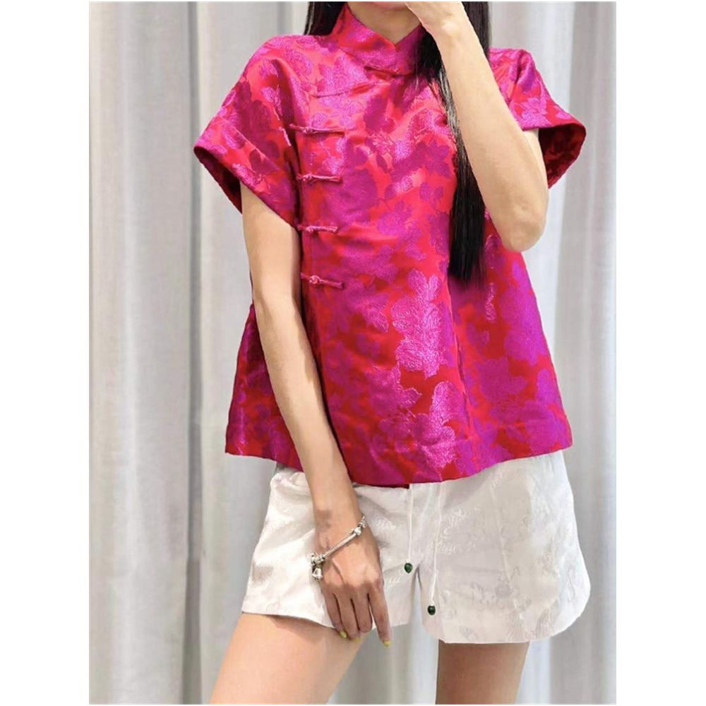 Town store baby PYJ153 white rose red short sleeved shirt base shirt Chinese retro small shirt top for spring and summer women image 0