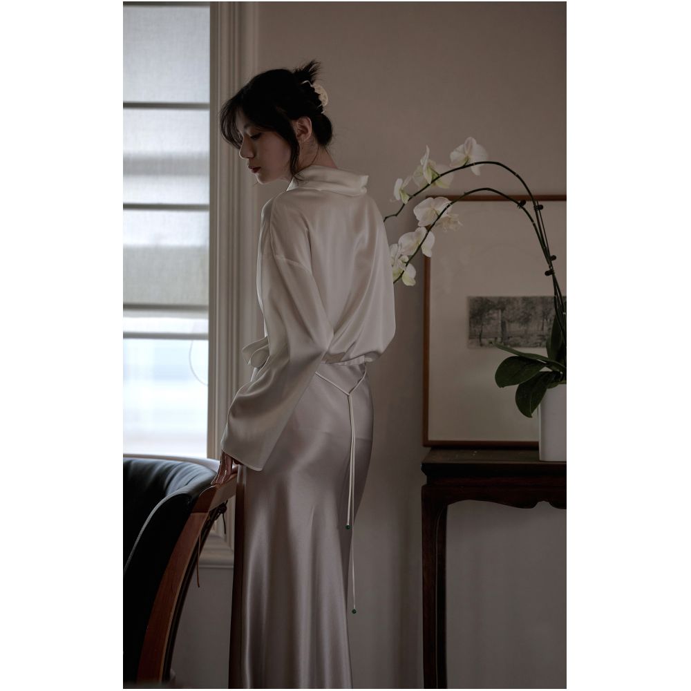 Commuse memory imported acetic acid satin silky smooth hanging slimming elastic waistband A line mid length skirt image 38