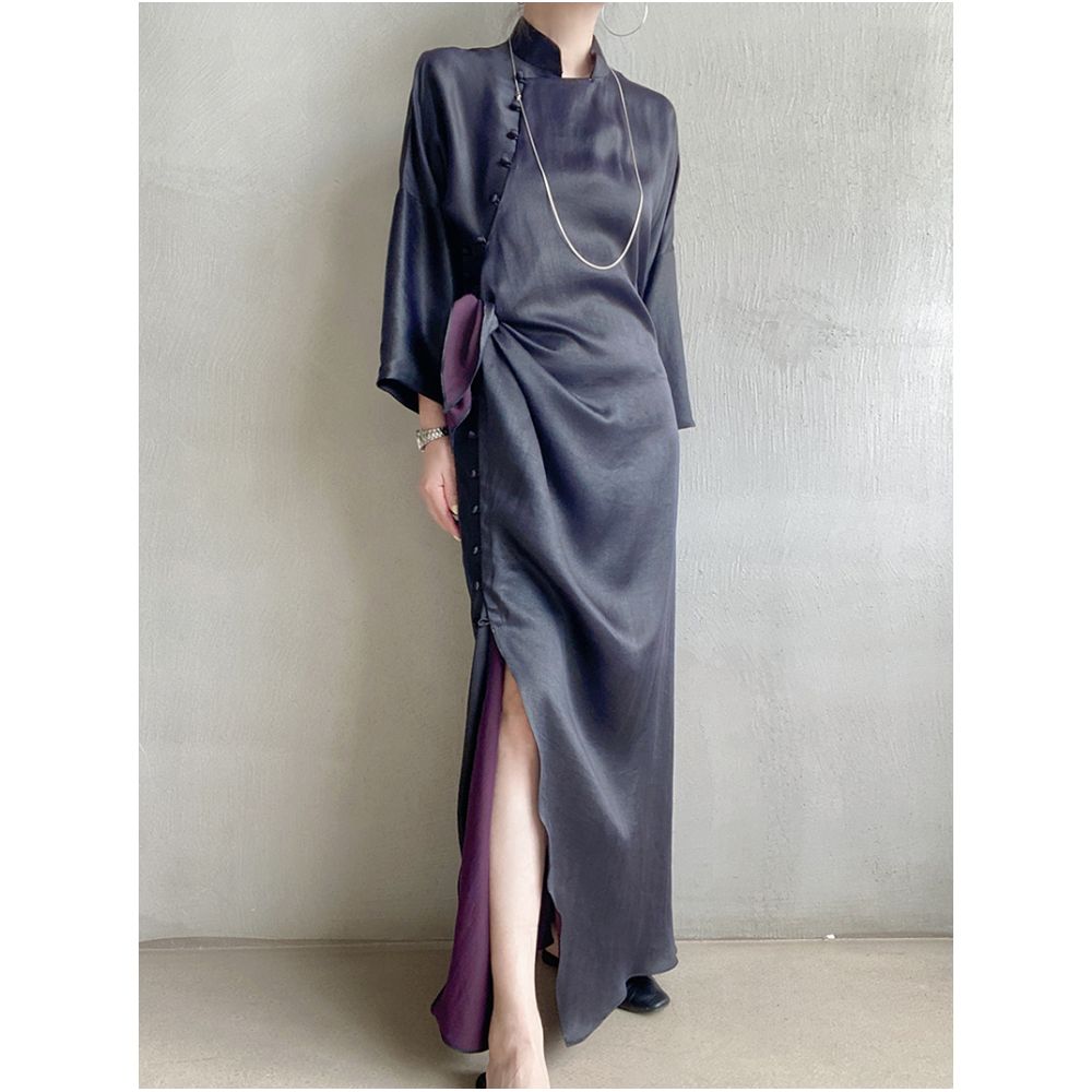Exclusive niche exquisite new Chinese style black purple fragrant cloud yarn silk short sleeved cheongsam dress dress dress morning gown image 0