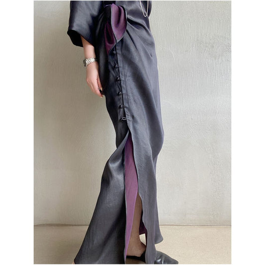 Asaya775 - Exclusive niche exquisite new Chinese style black purple fragrant cloud yarn silk short sleeved cheongsam dress dress dress morning gown