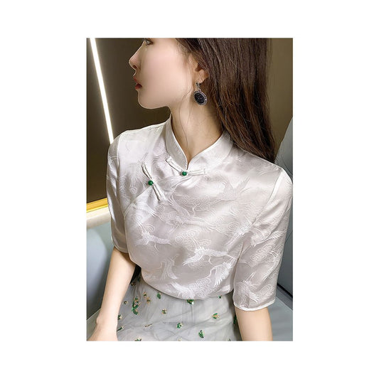 Asaya770  - Heavy Industry Jacquard Heavy duty Silk Short sleeved Shirt Women s Summer Retro Buckle White Crane 2024 New Top