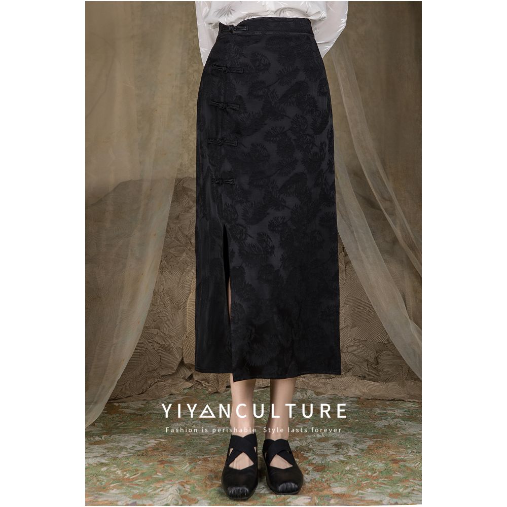 YY Yiyan New Chinese style Acetic Acid Satin Jacquard Half length Skirt with Chinese style Retro Buckle and Fork High Waist Design Children s Dress image 6