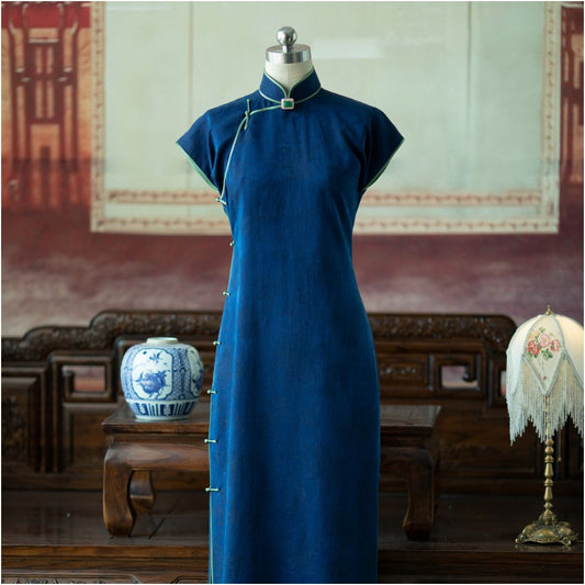 Asaya714 - A touch of indigo One city style fluff Silk perforated Luo Xiangyun yarn retro Republican style short sleeved cheongsam for women