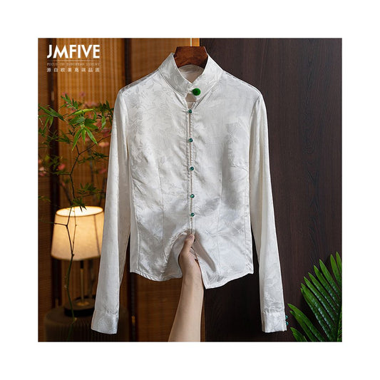Asaya686 - Chinese style retro jacquard long sleeved shirt for women 2025 spring and autumn national trend new Chinese style jacquard slim fit top for women