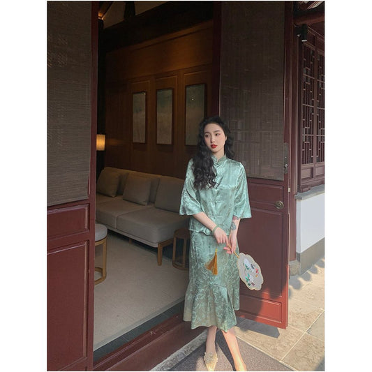 Asaya664  - Lujin Homemade Painting Fan Retro Satin National Style Girl Retro Bottom Skirt New Chinese Blue Green
