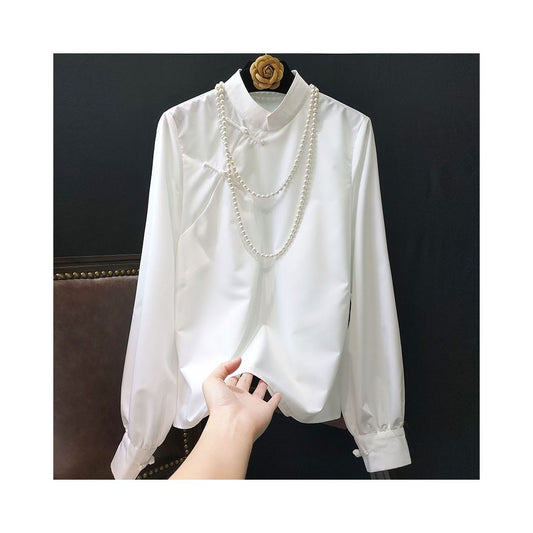 Asaya638 - White pure cotton shirt women s 2025 spring new retro stand collar button long sleeve versatile casual top shirt