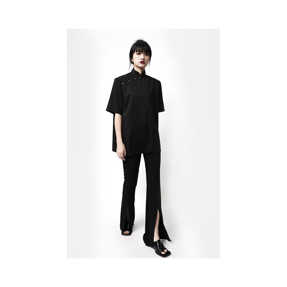 APOZi Ink Stain Series Black New Chinese style Stand up Collar Shoulder Cushion Short Sleeve Shirt for Women with a Design Sense and a Small Interest Summer Top image 3