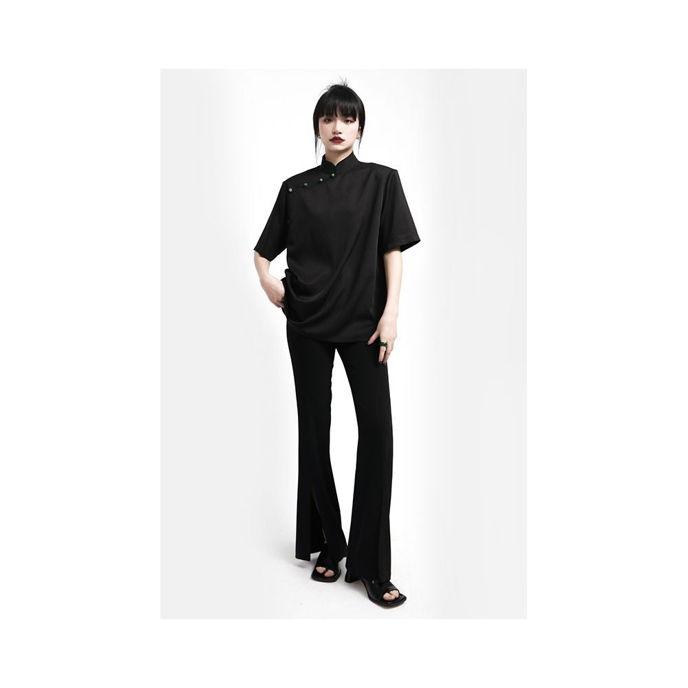 APOZi Ink Stain Series Black New Chinese style Stand up Collar Shoulder Cushion Short Sleeve Shirt for Women with a Design Sense and a Small Interest Summer Top image 4