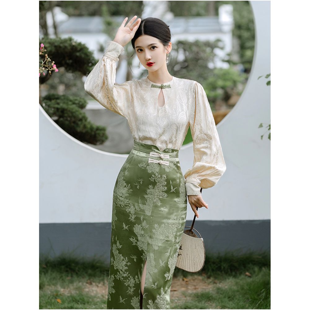 New Chinese style retro improved button down shirt cheongsam women s long sleeved jacquard top French skirt two piece set image 17