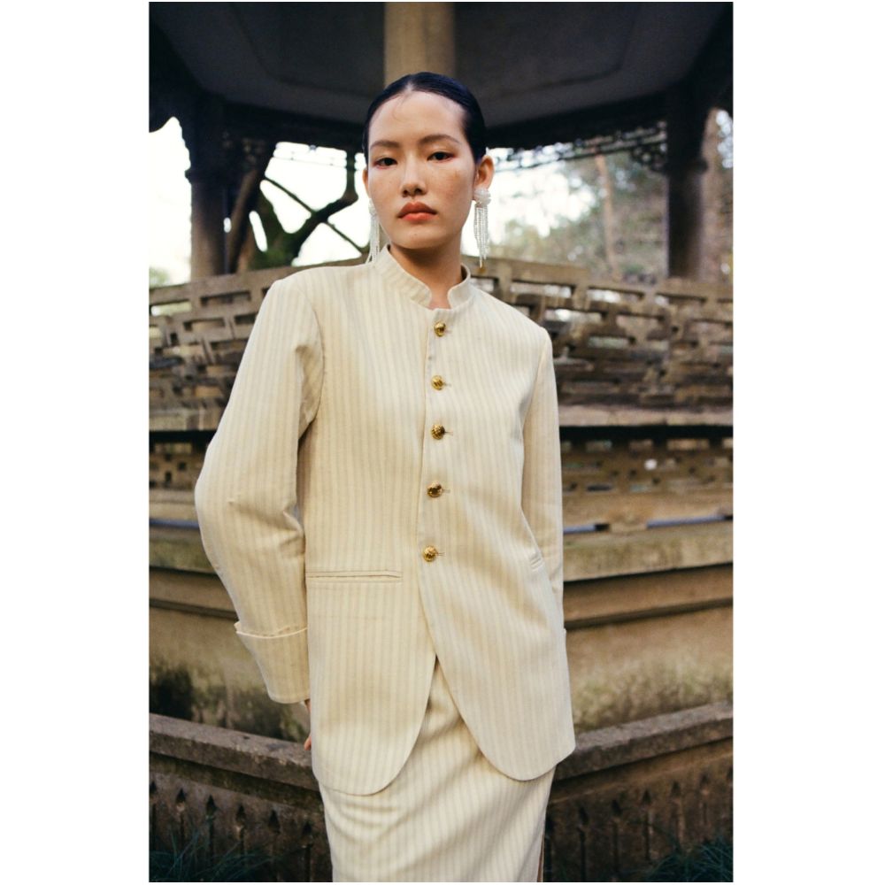 PaleBlueDot Original Design New Chinese Striped Stand up Collar Zhongshan Suit Half Skirt Set image 14
