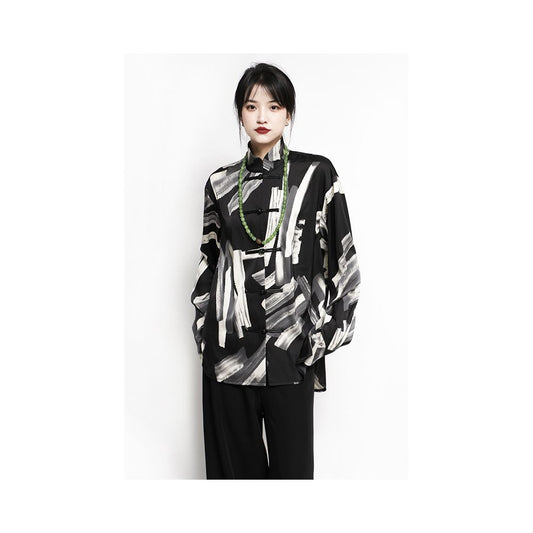 Asaya574 - APOZi textured series unisex new Chinese style printed stand up collar button up shirt for spring and autumn new vintage shirt