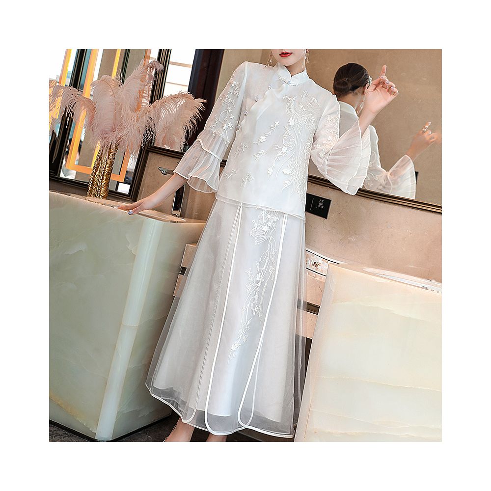 Asaya546 - Cheongsam young Tang suit two piece set Hanfu women s Chinese style summer retro top Zen tea suit fairy atmosphere