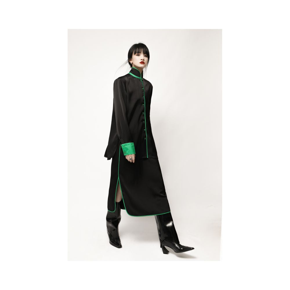 APOZi green series unisex black new Chinese style stand up collar shirt for women s autumn and winter new design sense top image 2