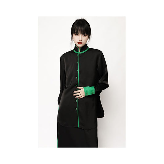 Asaya485 - APOZi green series unisex black new Chinese style stand up collar shirt for women s autumn and winter new design sense top