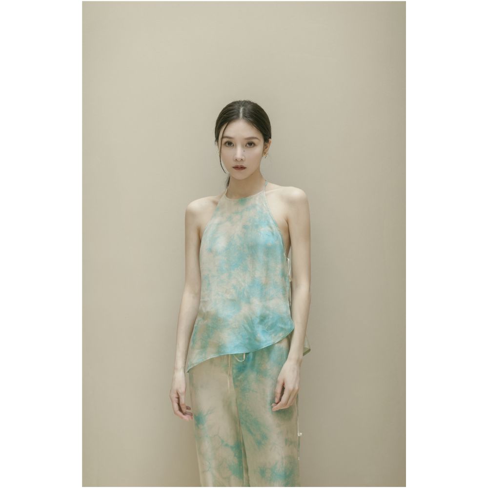 SAKINAWANG 2021SS Summer Original Design Silk Tie Dyeing Neck Strap Open Back Top Color image 4