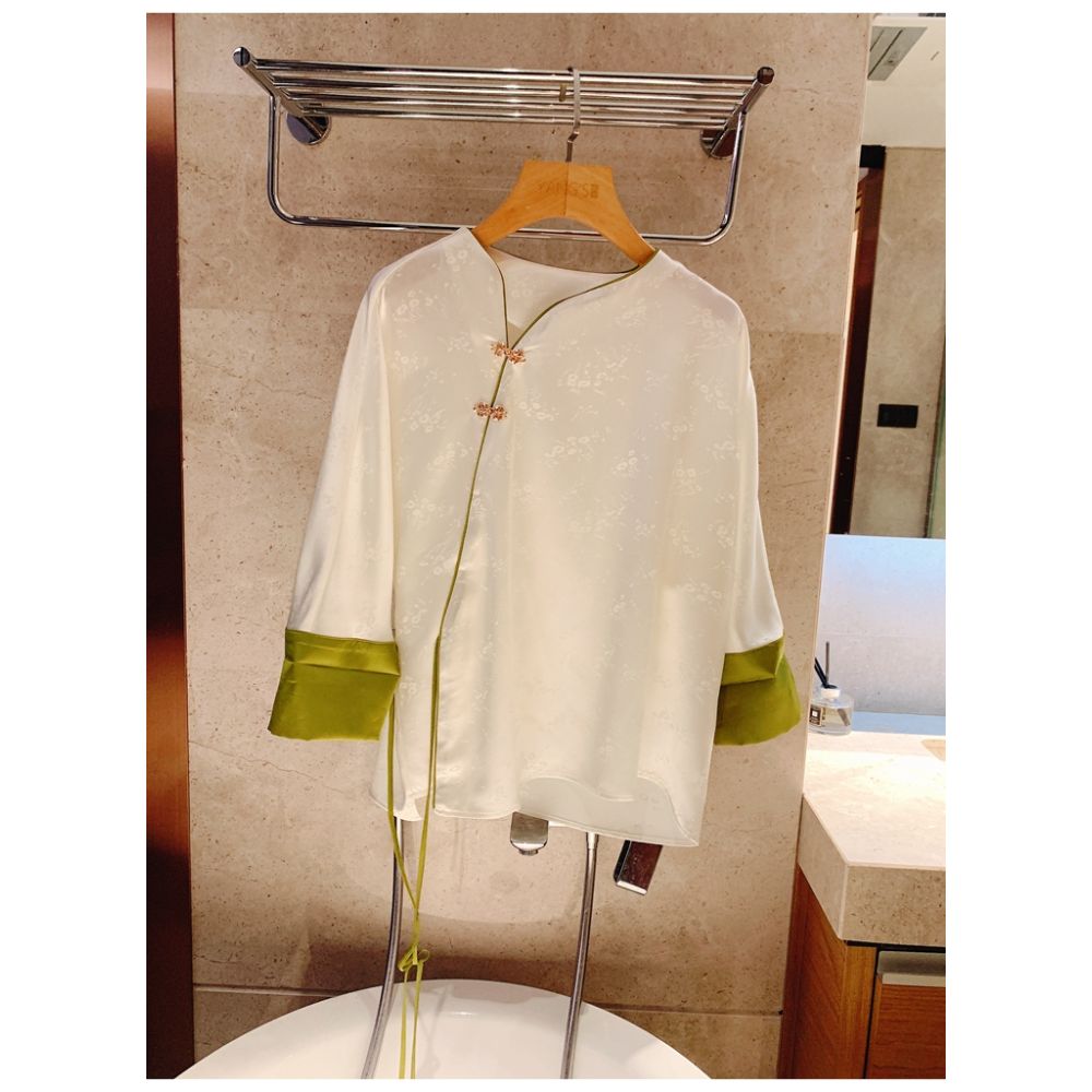 Classical charm and national style Heavy duty acetate satin plate buckle jacquard shirt for women s new Chinese style top white K2913 image 12