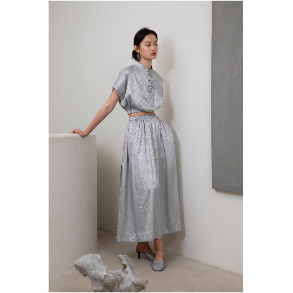 PaleBlueDot Summer Fashion Designer Silver Jacquard Buckle Stand up Collar Set Skirt image 2