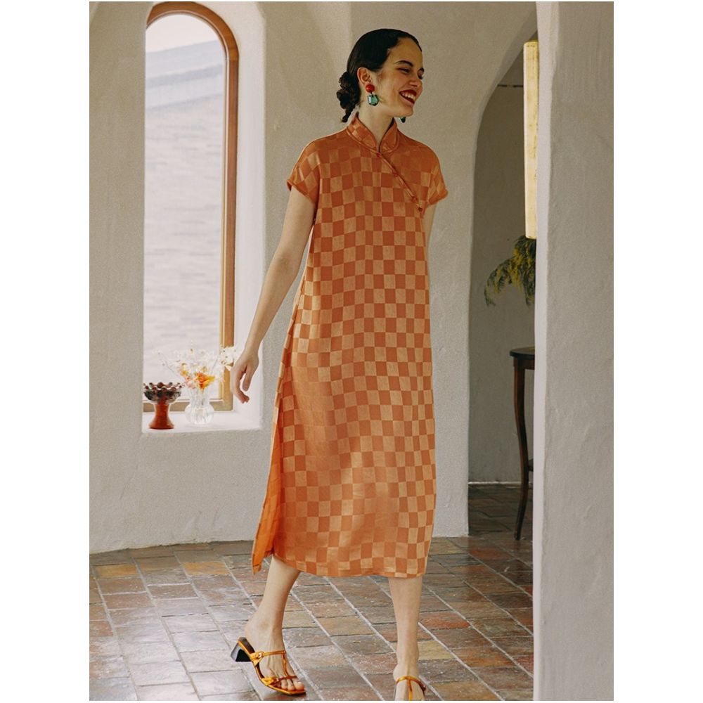PaleBlueDot Blue Dot New Chinese style Acetic Acid Checkerboard Dress Women s Summer Improved Handmade Cheongsam Skirt image 8