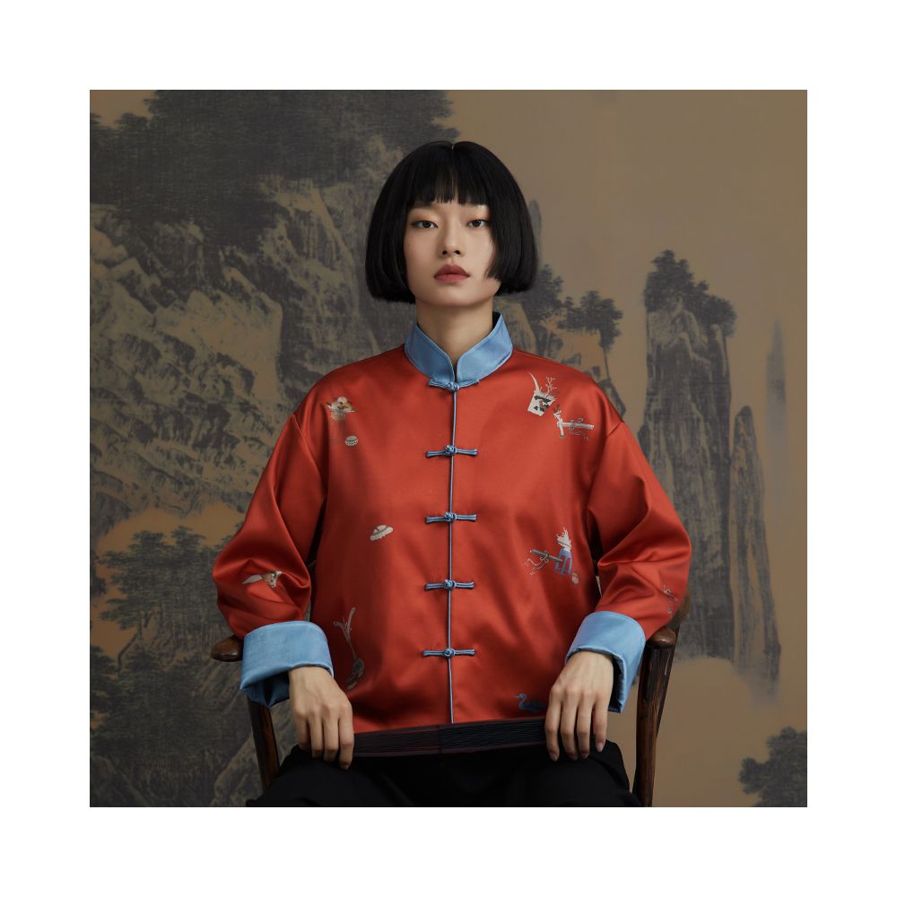 RECLUSE True New Chinese Positioning Printed Color Contrasting Satin Plate Buckle Vitality Improved Design Tang Short Coat image 16