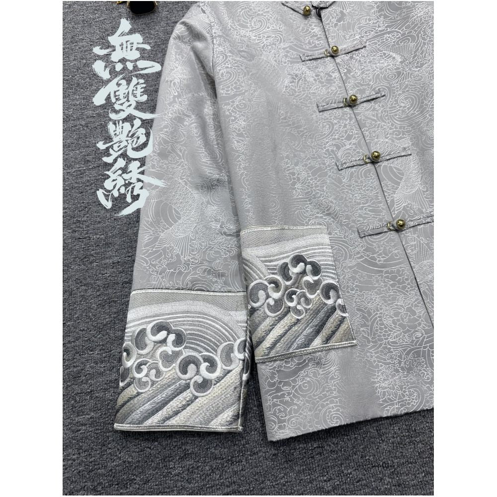 China Chic unparalleled gorgeous embroidery original design retro buckle traditional Chinese Tang style carp jacquard embroidery men and women s coats image 4