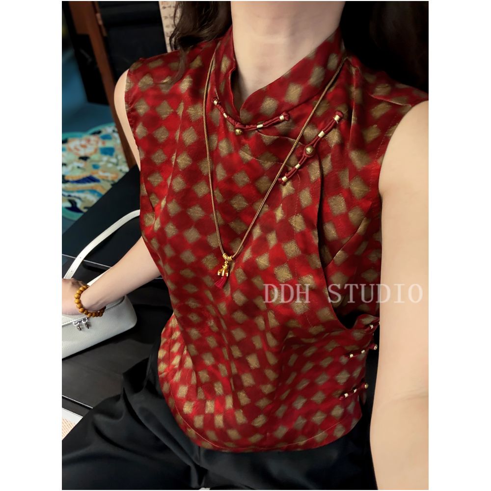New Chinese style mulberry silk Xiangyunsha retro plaid print improved cheongsam buttoned silk top summer image 5