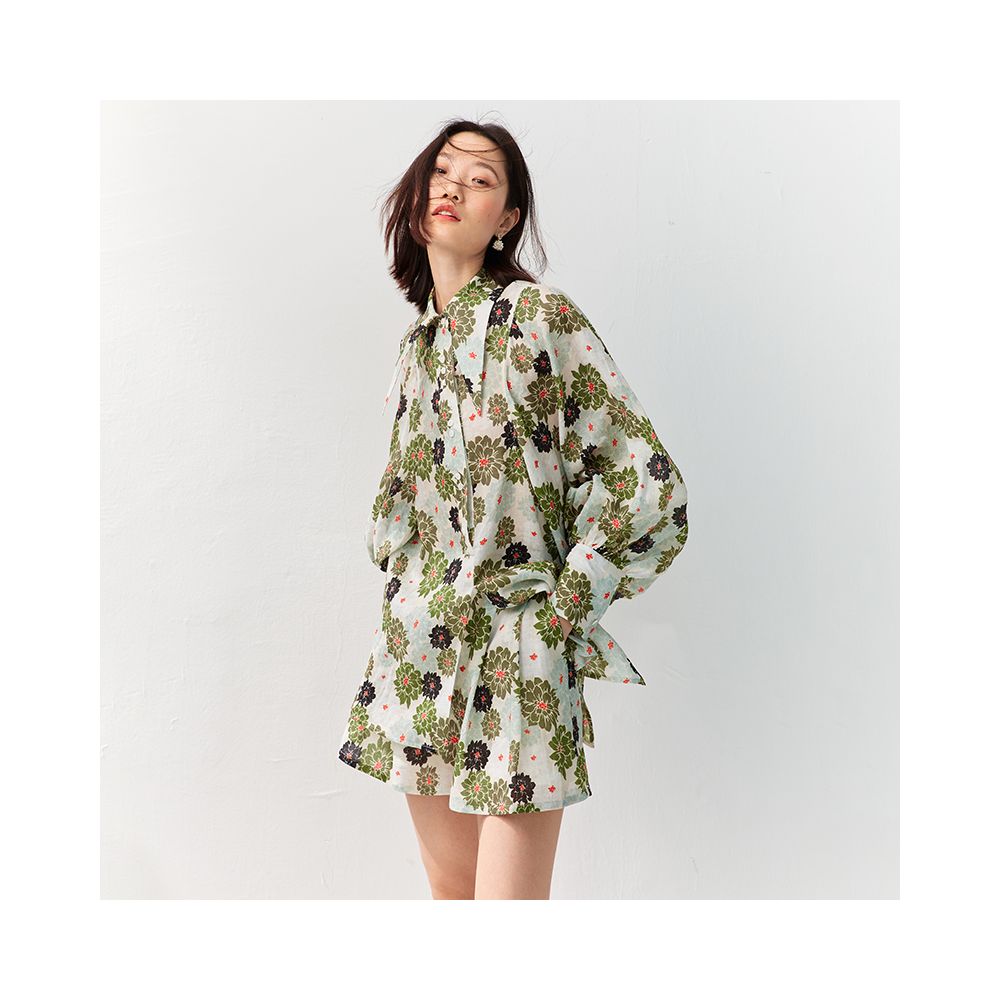 OPOF Women s Loose Shorts Set with Ramie Shirt Artistic and Printed Design Large Lantern Sleeves 2024 Spring and Summer New image 0