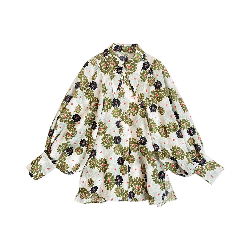 OPOF Women s Loose Shorts Set with Ramie Shirt Artistic and Printed Design Large Lantern Sleeves 2024 Spring and Summer New image 9
