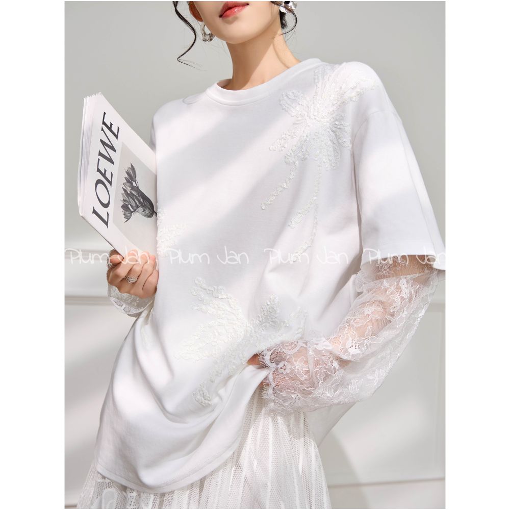 Plum Jan Unique and Beautiful Early Summer Small Top Lace Splicing Long Sleeve T shirt Women s White Shoulder Versatile Short Sleeve image 8