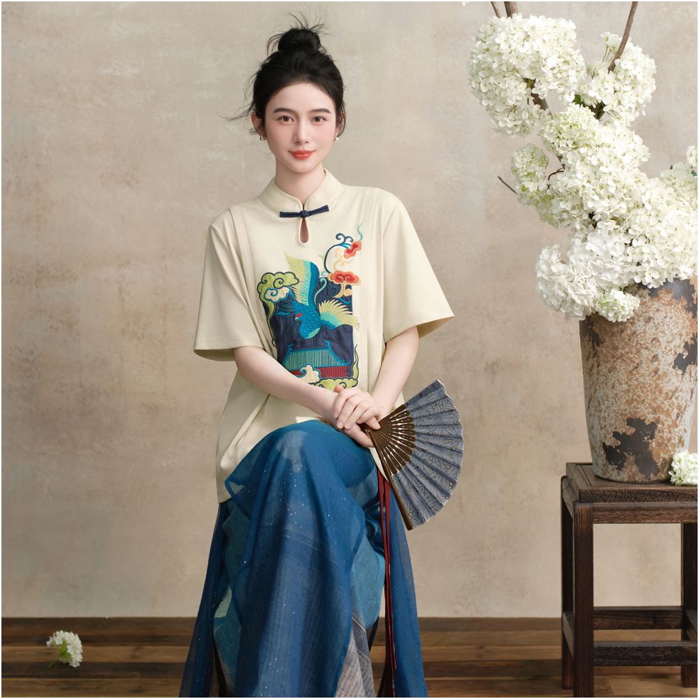 Su Luo s original Auspicious Crane Painting Cranes Dancing in the Golden Palace Xia Xin Chinese style buttoned stand up collar top with Chinese style embroidery T shirt image 1