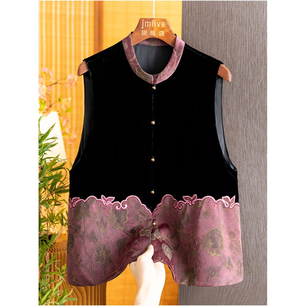 New Chinese style silk velvet simple and versatile vest with vest and shoulder for women in autumn 2025 retro contrasting color spliced vest image 2