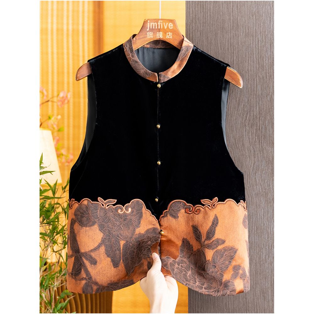 New Chinese style silk velvet simple and versatile vest with vest and shoulder for women in autumn 2025 retro contrasting color spliced vest image 3