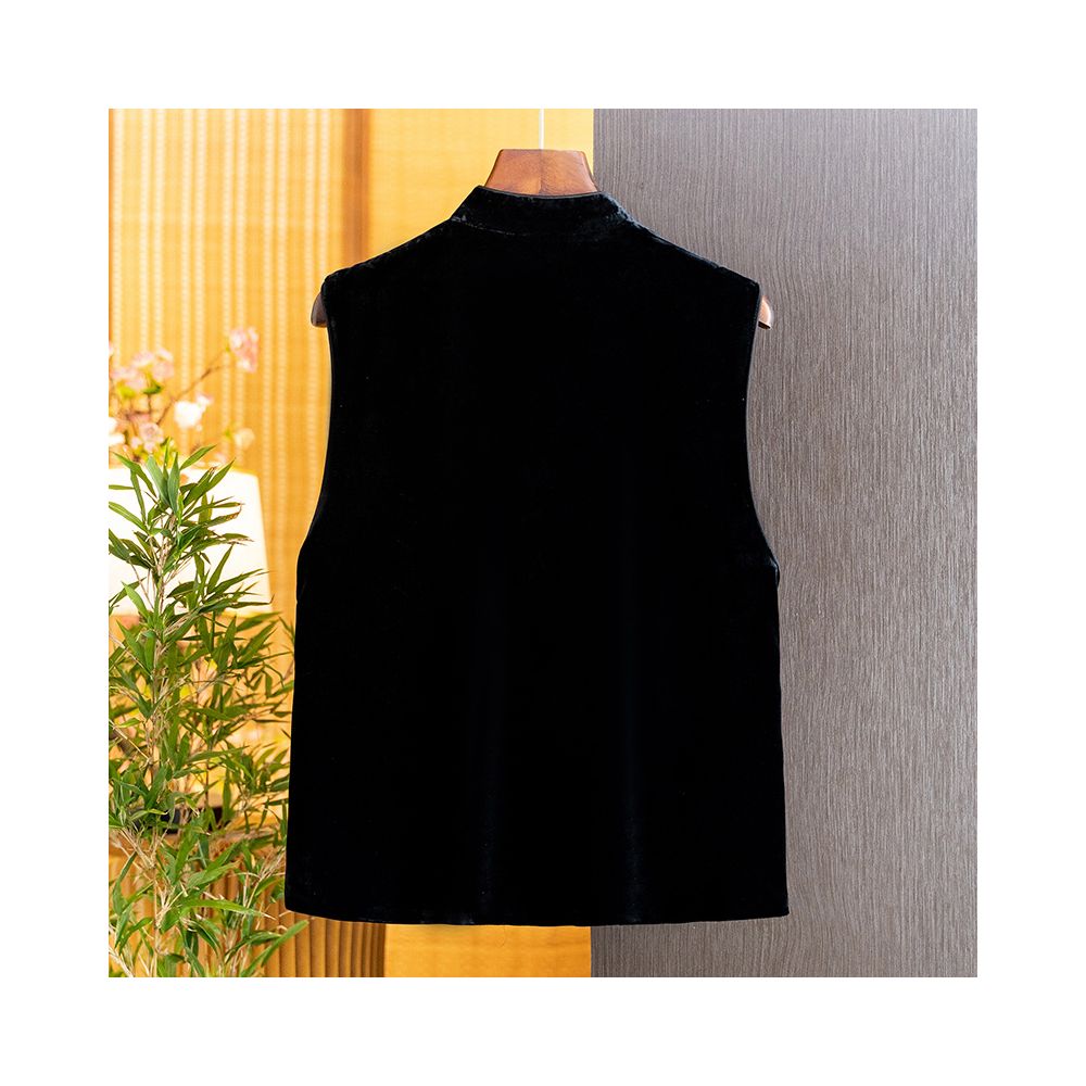 New Chinese style silk velvet simple and versatile pearl buckle vest for women in autumn 2025 black stand up collar and shoulder image 2