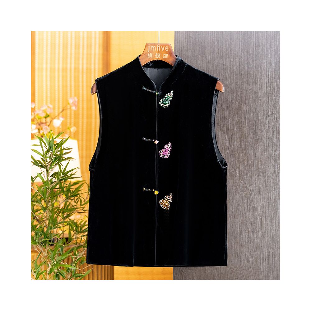 New Chinese style silk velvet simple and versatile pearl buckle vest for women in autumn 2025 black stand up collar and shoulder image 3