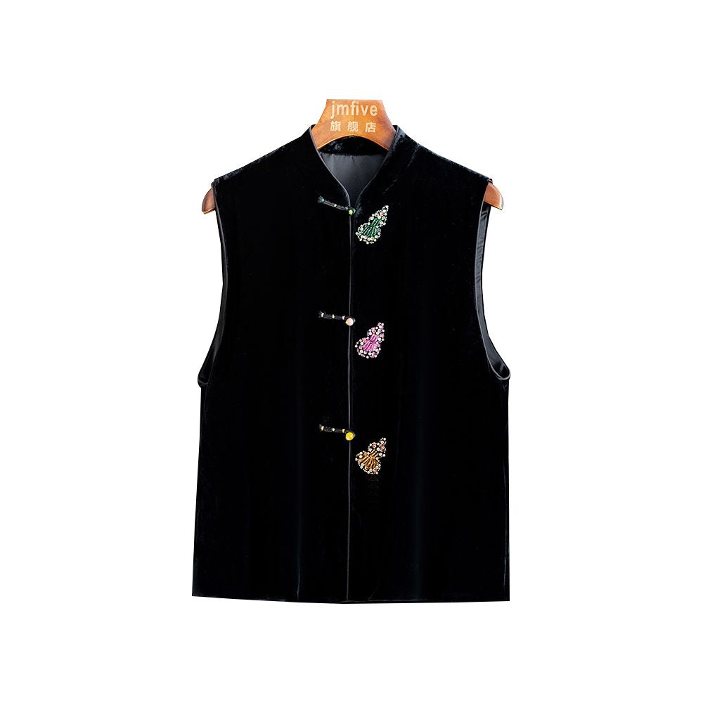 New Chinese style silk velvet simple and versatile pearl buckle vest for women in autumn 2025 black stand up collar and shoulder image 9
