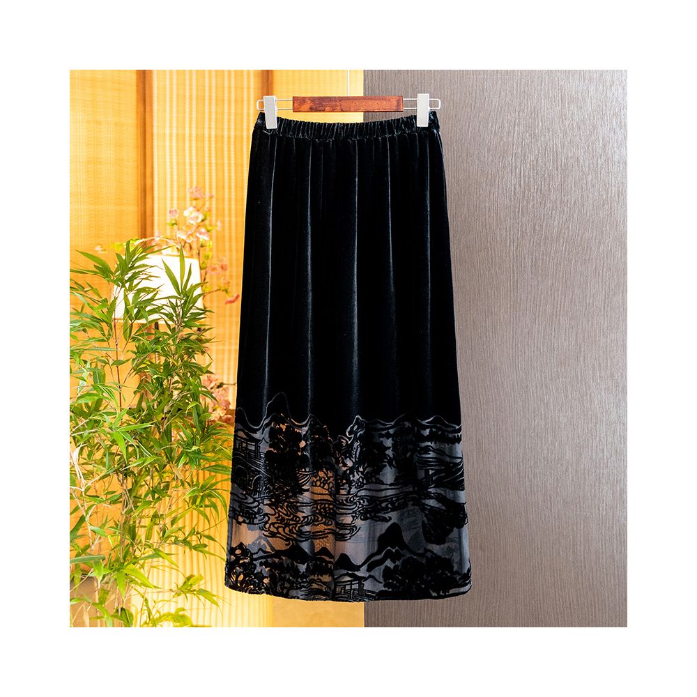Black stylish elegant silk velvet midi skirt new autumn 2025 arrival high waisted long skirt image 2