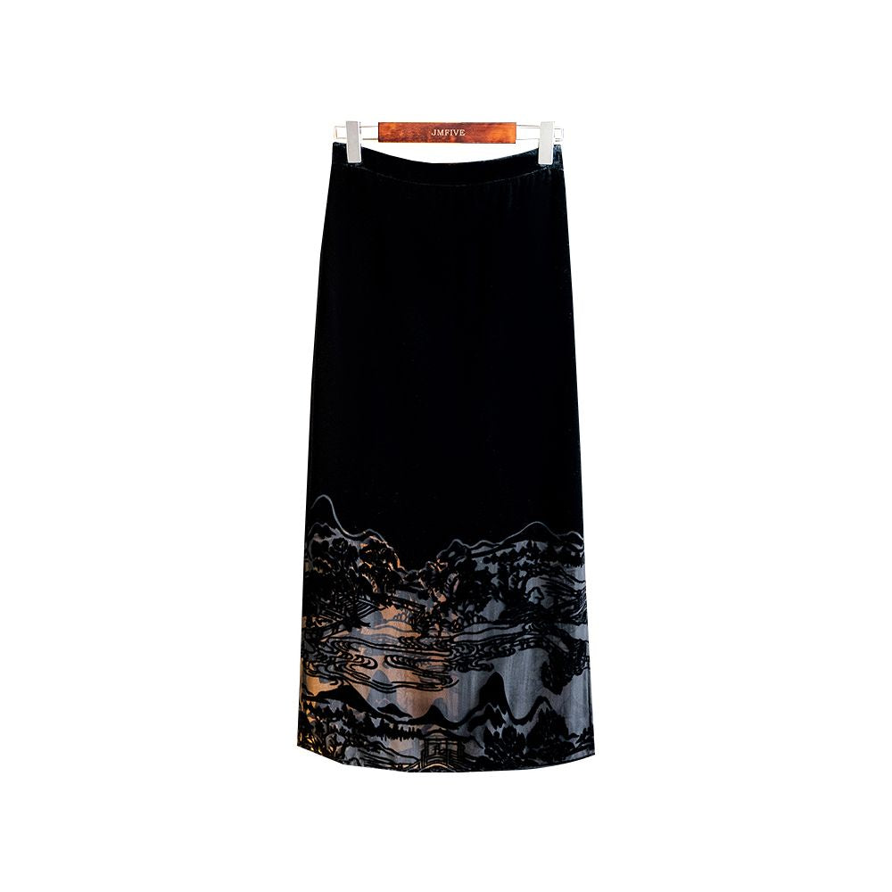 Black stylish elegant silk velvet midi skirt new autumn 2025 arrival high waisted long skirt image 5