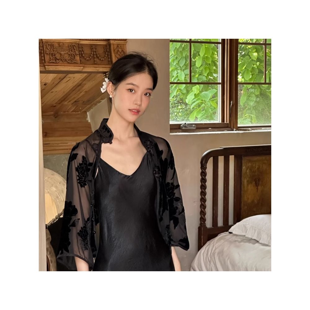 ASAYA5100 – Noir Sheer Bloom Dress🖤🌸